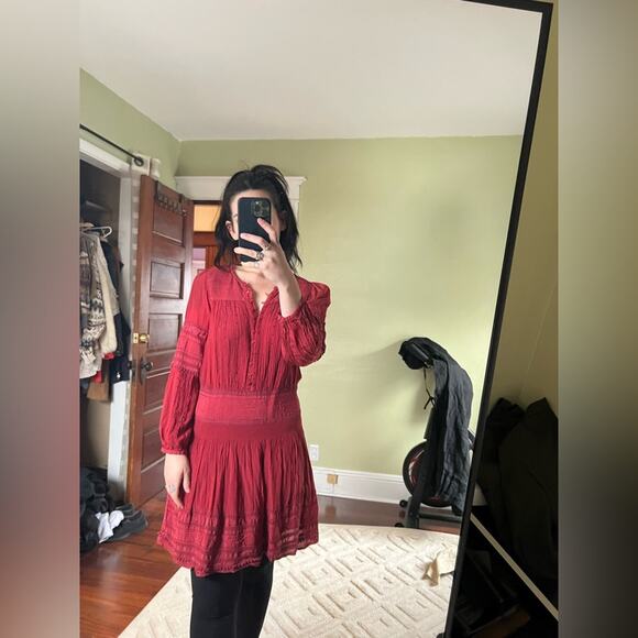 Sea New York azzedine dress red bohemian embroidered smocked drop waist pin tuck - Picture 9 of 9